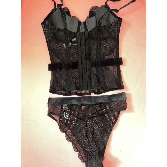 Victoria's Secret 32C BRA+CORSET bustier+TEDDY FISHNET velvet velour BLACK gray - Picture 8 of 12